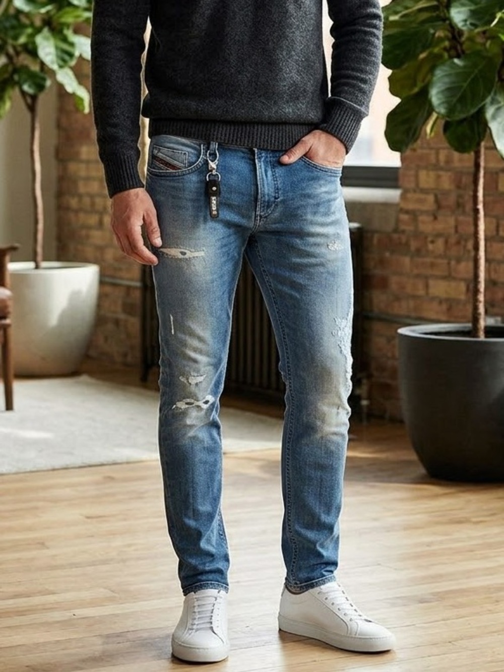 Diesel Light Blue Distressed Slim Straight Jeans